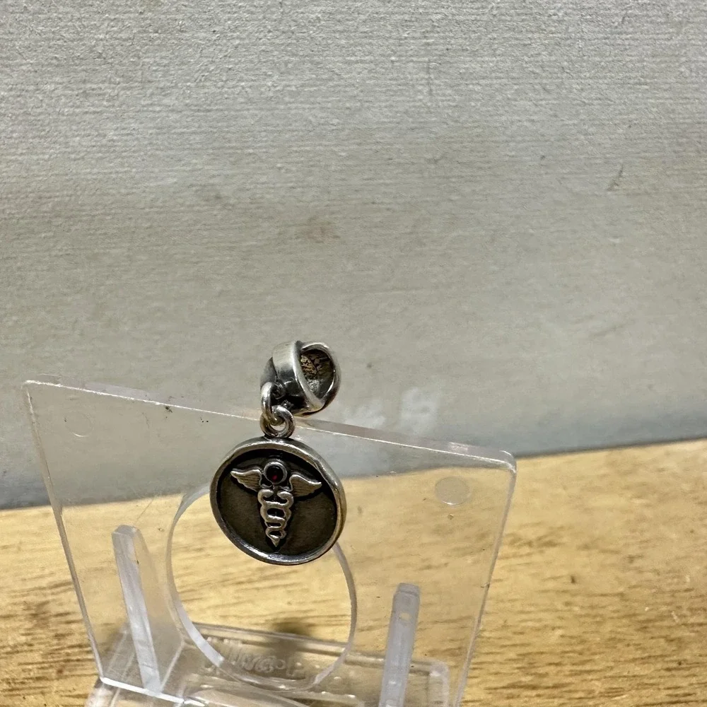 Sterling Silver 925 Caduceus Medical‎ Dangle Charm Bead Red Stone Italy MA Nurse